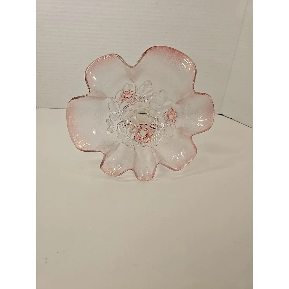 Mikasa Crystal Rosella Ruffled Edge Serving Dish Raised Pink Flowers VTG 80s-90s